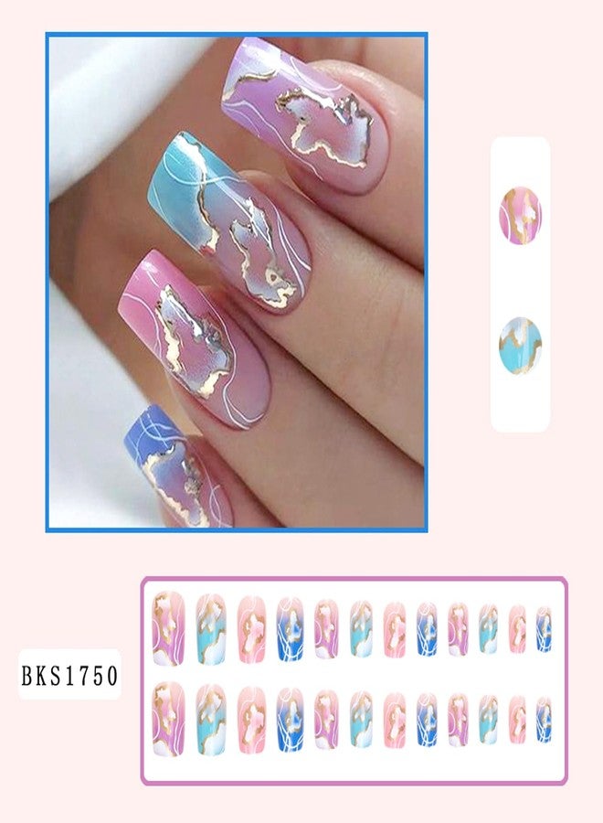 Vezocim Acrylic Square False Nails Sets, 24Pcs Pink Gradient Press on Nails Medium Coffin with Gold White Line Designs, Glossy Full Cover Artificial Fake Nails Glue Fingernails with Charm for Women - Image 2